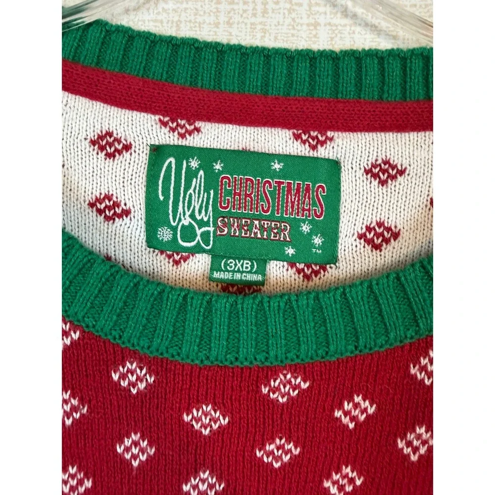 Ugly Christmas Sweater Co Reindeer Peppermint‎ Plaid Knit Pullover Green 3XB